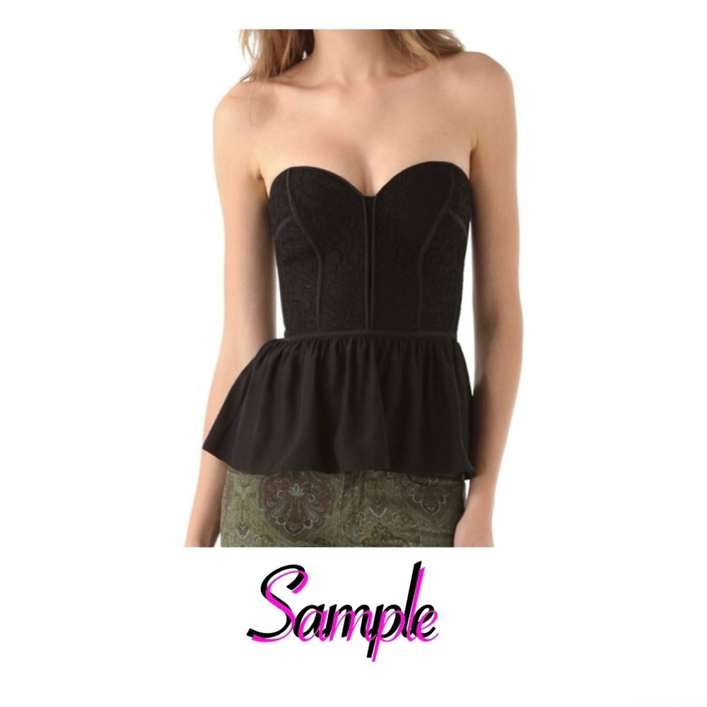 Parker 100 Silk Navy Black Lace Strapless Bustier W/Flared Peplum Hem. XS